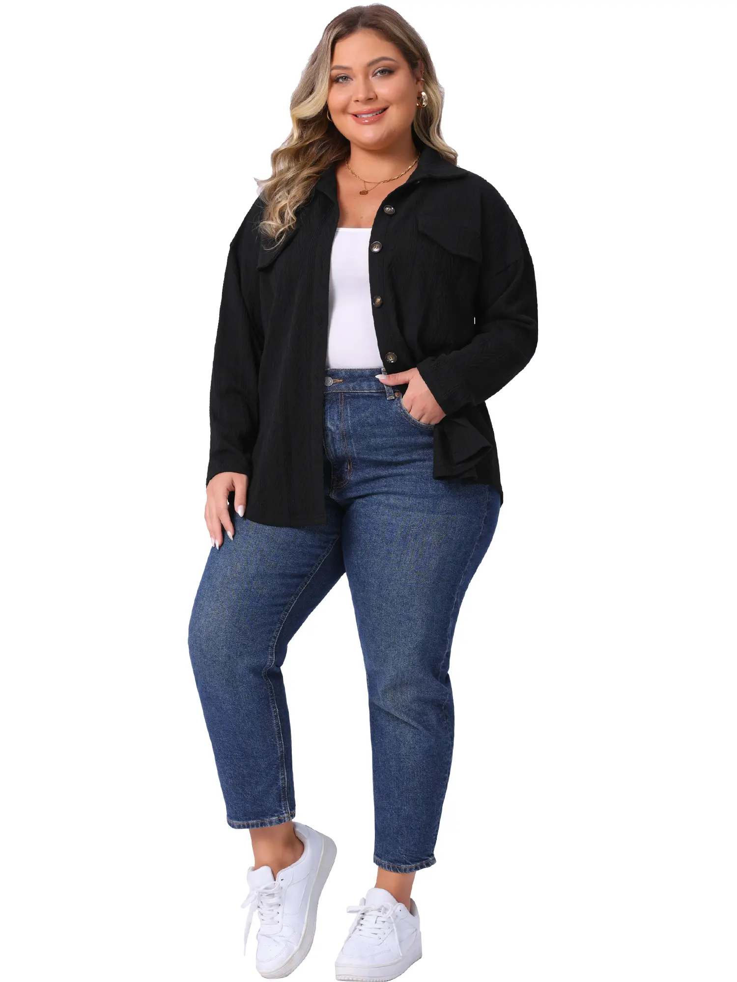 Agnes Orinda Women's Plus Size Knit Shacket Jacket Casual Long Sleeve Lapel Button Down Shirts Dressy Blouses Top