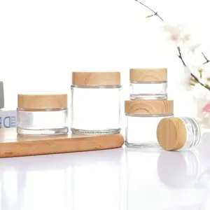 Multi-Size Transparent Cream Wood Grain Lid Cosmetic Bottle, Portable Small Packaging Glass Jar, Face Cream Eye Cream Container