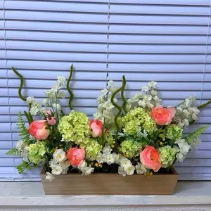 Floral Arrangement in Wooden Box with Pink and White Flowers and Greenery for Home Decor