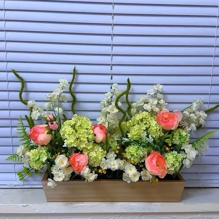 Floral Arrangement in Wooden Box with Pink and White Flowers and Greenery for Home Decor