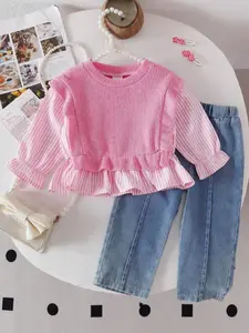 Baby Girl Two-Piece Set Striped Patchwork Round Neck Long Sleeve Top and Denim Jeans, Fashionable Versatile for Outdoor Use Baby Girl Clothes