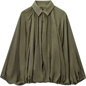 Puffed Bomber Jacket Women Batwing Long Sleeve Oversized Zip Up Jacket Fall Outerwear Bubble Shirts Streetwear