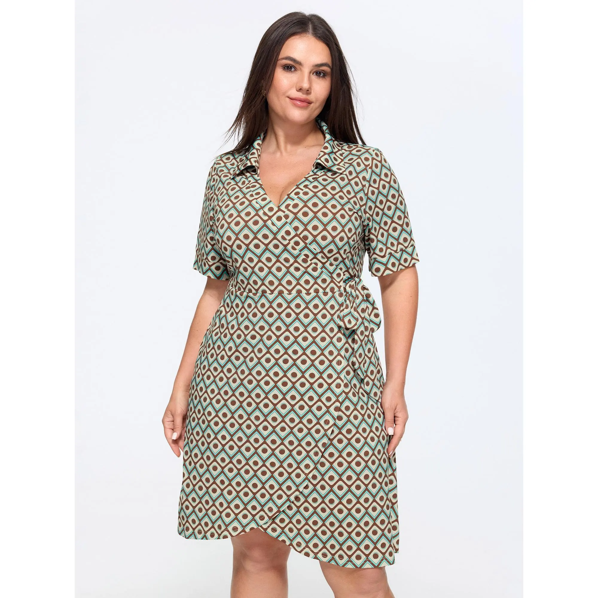 BloomChic Women's Plus Size Casual Polyester Short-Sleeve Retro Geometric Print Petal Hem Mini Dress - Garment [M-6X] 2026 Summer Outfits, Summer Finds, Breathable Fabric, Pocket, Regular Sleeve Casual Dresses, Clothes, Shortsleeve, Curvy Dresses Plus Siz