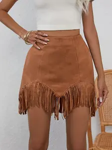 Women's Spring Summer Denim Festival, Country Music Concert Jacket, Casual Sexy Bohemian Style Fitted Short Vacation Tassel Fringe Dress Skirt