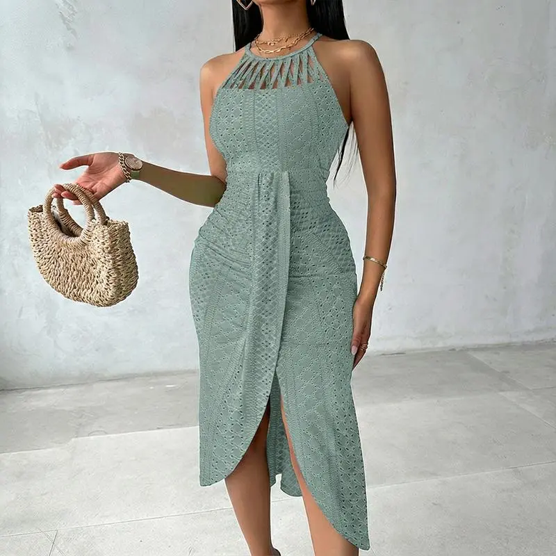 CHICME Women's St. Patrick's Day Sage Green Light Polyester Minimalist Halter Neck Maxi Dress - Adjustable Ruched Knit, Flat Hem, Hollow-Out Draped Asymmetrical Slit, 1-Piece Casual Beach Wear with Accessories Compatibility - CHICME Women's St. Patrick's Day Sage Green Light Polyester Minimalist Halter Neck Maxi Dress - Adjustable Ruched Knit, Flat Hem, Hollow-Out Draped Asymmetrical Slit, 1-Piece Casual Beach Wear with Accessories Compatibility -