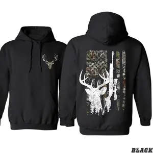 Deer Skull Hunting Hoodie for Outdoor Enthusiasts – White Buck Silhouette & Camo Flag Graphic, Cozy Sweatshirt for Fall Camo & Country Style Wear, Apparel Made In The USA	