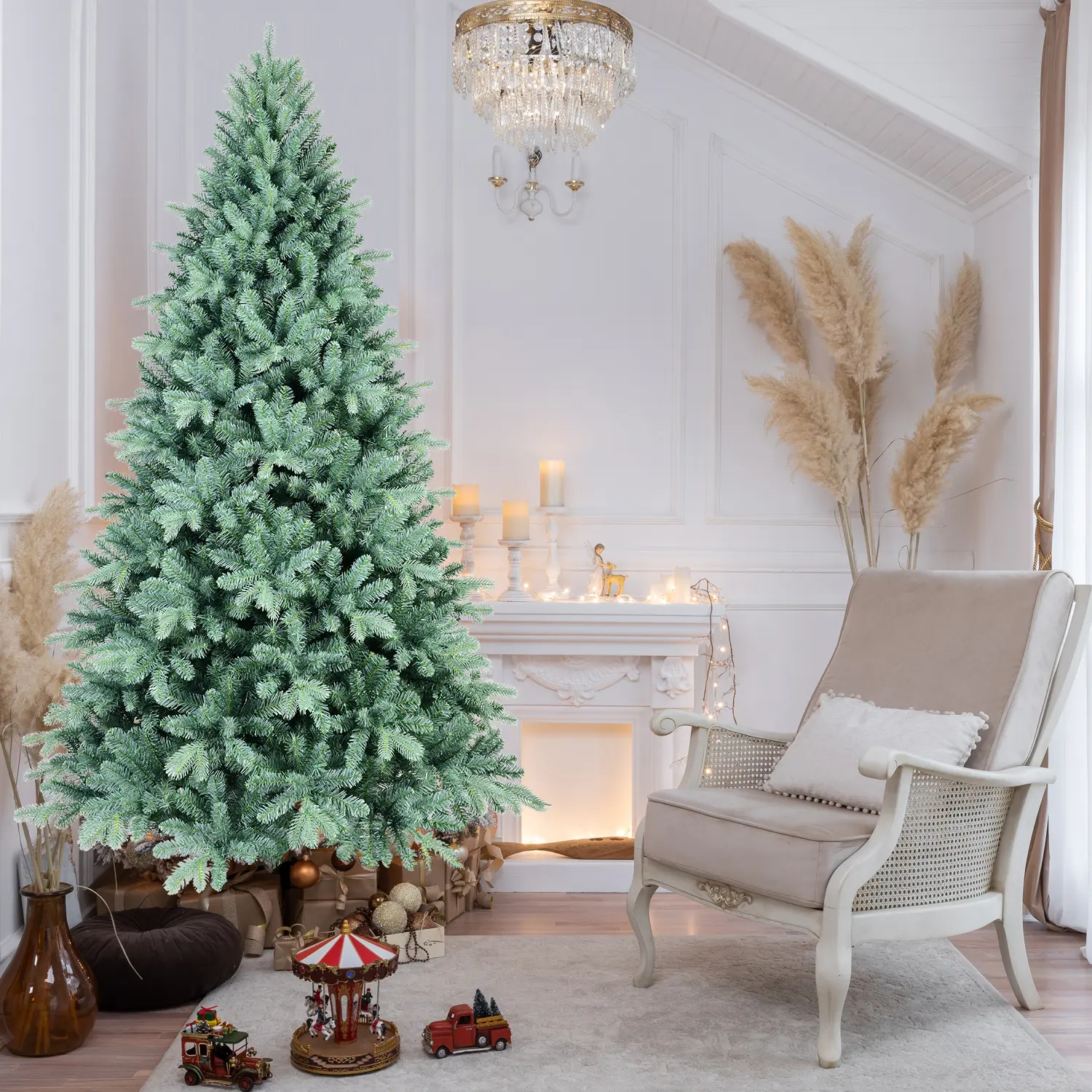 Classic Unlit Artificial Christmas Tree, 4-9 FT, PE & PVC Mixed Branch Tips, Lush Natural Pine Appearance, Hinged Branches, Holiday Decoration for Home, Office