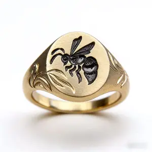 Vintage bee signet ring, 18K gold-plated engraved personalized ring, vintage-style unisex jewelry