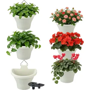 6 count Vertical  Planters for Outdoor  - Wall  Holder for Indoor Decorations Garden Fence, Plastic Flower Pots with Drainage Grid and Hooks (White)