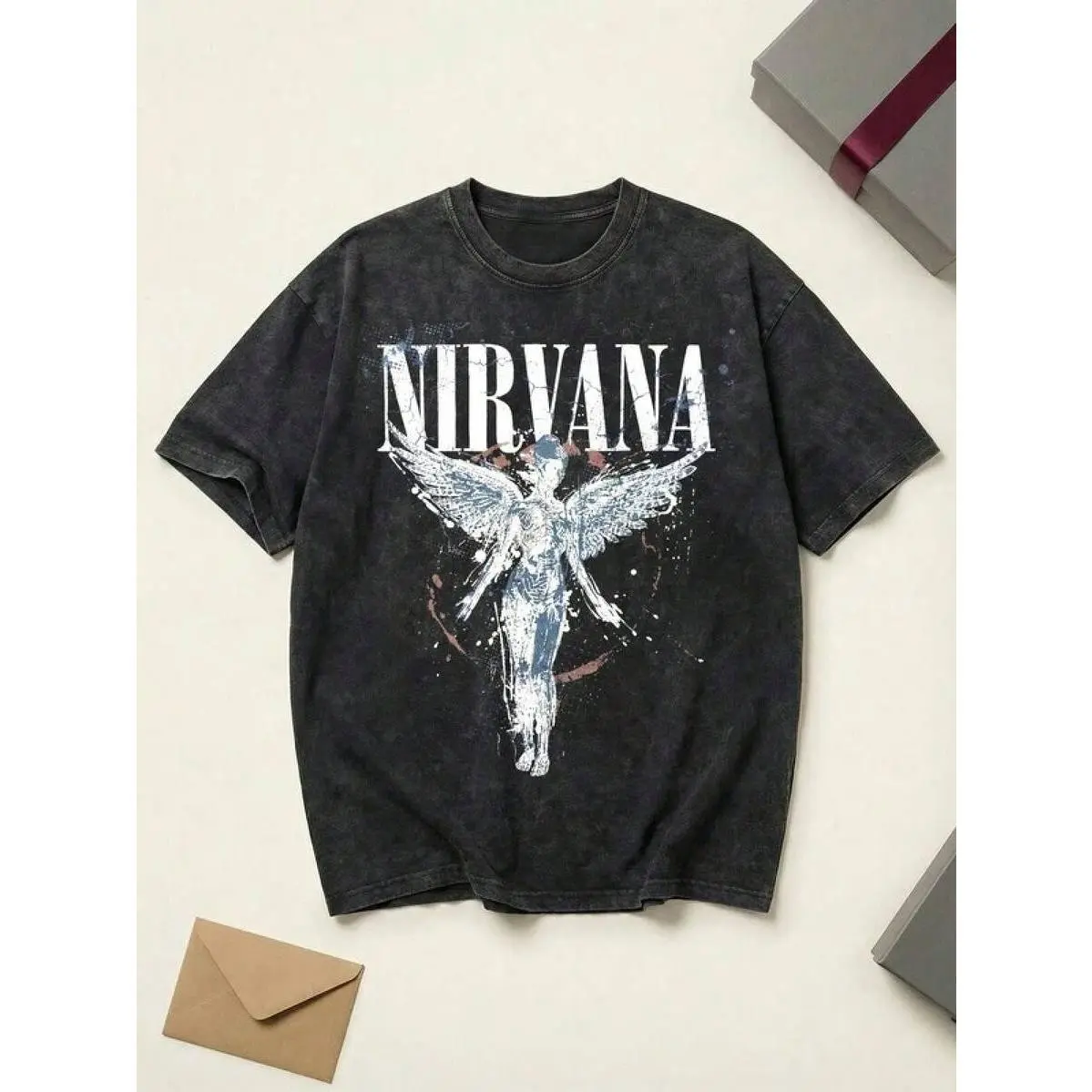 Nirvanas In Utero Splatter Angel Graphic Tee Cotton Shirt Unisex Couple Matching Boyfriend Style Acid Washed Distressed Grunge 90s Rock Summer Outfits Graphic