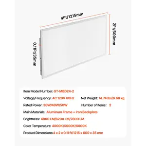 VEVOR 2x4 FT LED Flat Panel Light, 7800 LM, Flush Mount LED Drop Ceiling Lighting Fixture with 3 Color Selectable 4000K/5000K/6000K, 30W/40W/50W, 0-10V Dimmable, Ultra Slim for Home Kitchen, 2 Pack