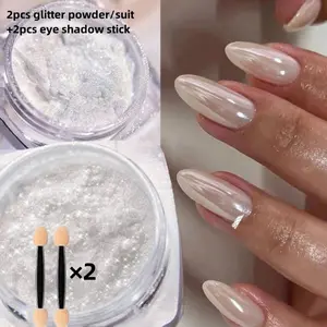 Pearl white nail glitter powder chrome Y2K 2 boxes of moonlight white chrome powder pigment for glazed doughnut nail art, moonlight powder mirror effect glitter powder, with 2 eye shadow sticks, DIY nail charm nail gem nail supplies, Nail Art Tools
