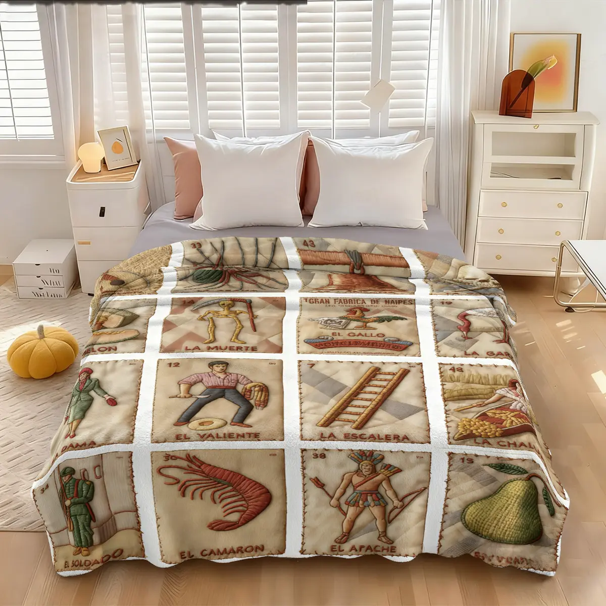 1 piece of Mexican Loteria Card-themed quilted flannel Cozy Throw Blanket for all seasons. Perfect gift for sofas, beds, camping and travel. A must-have for card lovers