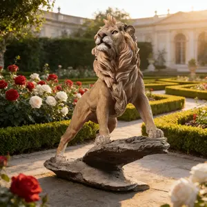 19-Inch Majestic Lion Statue for Outdoor Decor - Realistic Glass Artwork with Lifelike Mane & Expressive Eyes, Perfect for Yards, Lawns, Gardens, and Porches, Garden Decoration | Lifelike Animal Sculpture | Textured Rock Base, Statue Decor