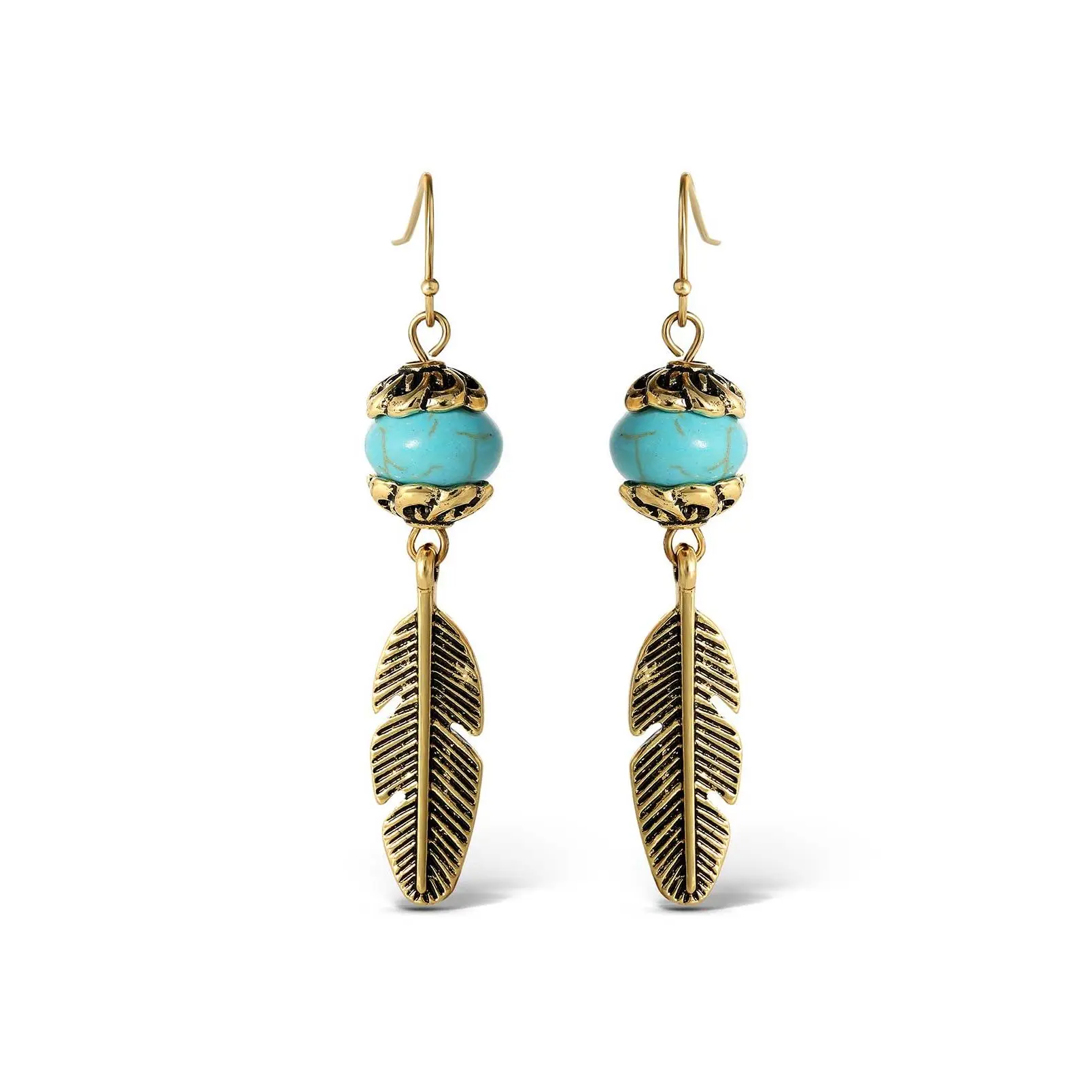 Turquoise Bead Feather Drop Earrings in Gold