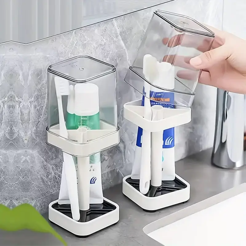 Toothbrush Holder With Cup/ Cover, Compatible With Conventional Toothbrushes, Can Store Toothpaste Toothbrush Holder, 3 Slots Toothbrush And Toothpaste Holder Bathroom Counter Organizer For Electric Toothbrushes, Floss, Razors For Family 1 Pics