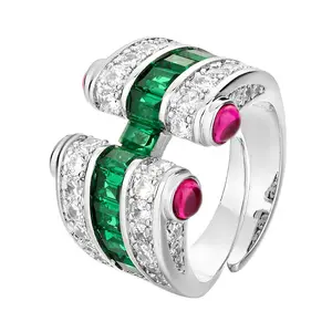 Luxury Green/red/blue Open Ring for Women Sparkling CZ Statement Cocktail Ring Adjustable Fashion Jewelry Gifts for Women