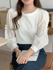 Women's Solid Color Round Neck Long Sleeve Fitted Shirt Blouses with Bowknot Decoration, Elegant Spring & Fall Fashion, Casual Wear, Tops