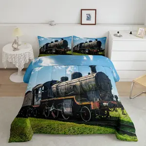 Feelyou Retro Look Railroad Theme Bedding Set - Multi-Size Travel-Friendly Green Grass Blue Sky Down Comforter Set for Children Boys Teens, Steam Engine & Railway Transport Motif Design