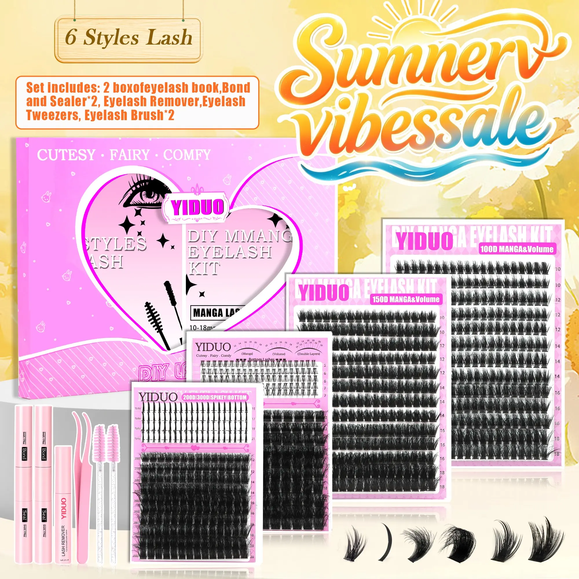 6 Styles Lash Clusters Kit 100D/150D/200D/300D/Spiky/Bottom 5-21mm Cluster Eyelash Extension 921 Pcs D-Curl With Lash Bond and Seal*2, Lash Remover, Lash Tweezers, Eyelash Brush DIY at Home, Eyelash Set