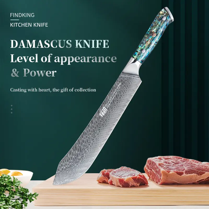 FINDKING Butcher Knife, Professional 67 Layers Damascus Steel Kitchen Chefs Knife 9 Inch, Resin Abalone Shell Handle, Razor Sharp Professional Meat Cutting Knife with Gift Box for Family, Restaurant, Cutting Vegetables, Meat and Fruits for Kitchen