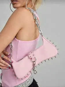 Sweet   cool pink rivet fashion one-shoulder underarm bag, niche classic design metal chain one-shoulder bag, personalized lock design one-shoulder underarm bag, casual and versatile for shopping and dating, Embellished Shoulder Bag.