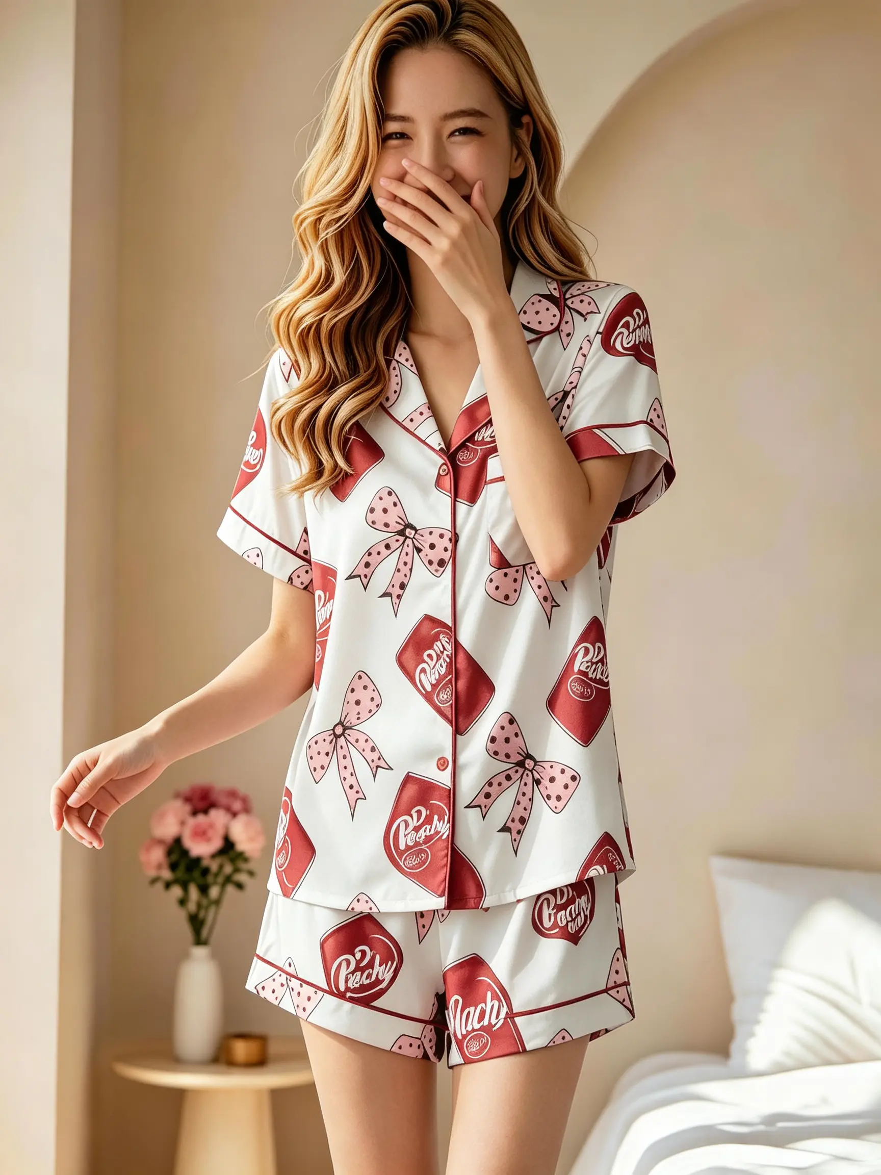 WANBRIK Women's 2-Piece Blush Pink Coquette Bow Satin Pajama Set - Short Sleeve, Printed, Cute, Casual, Comfortable Silky Top & Bottoms for Summer Sleepwear & Loungewear