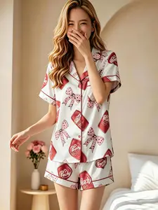 WANBRIK Pepper Drink Pink Coquette Bow Satin Pajama Set for Women Short Sleeve Comfy Satin Sleepwear & Loungewear Pjs Printing Silky Top & Bottoms Elegant Pyjamas Summer Womenswear