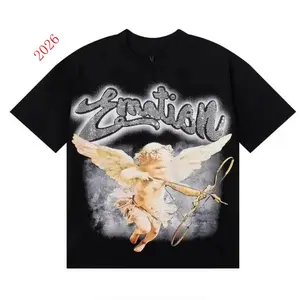 New Arrival 2026Emotion Rhinestone Cherub Graphic T-Shirt, Vintage Angel Print Tee, Oversized Streetwear Shirt, Edgy Casual Short Sleeve Top, Trendy Y2K Aesthetic Cotton Tee for Streetwear and Angel Emotion Fans