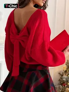 Hotapei Winter Christmas Holiday Bow Backless Bubble Sleeve Fitted Knitwear Sweater, Festive Style, Perfect for Cold Weather, Stylish & Cozy Design, Womenswear