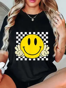 100% Cotton Unisex Yellow Smile Face Cute Checkered Peace Smiling Happy Face T-Shirt Casual Graphic Printed Tee