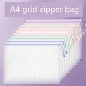 A4 Zipper File Bag, Grid Transparent Waterproof Student Exam Paper Storage, Teacher Office Document Organizer