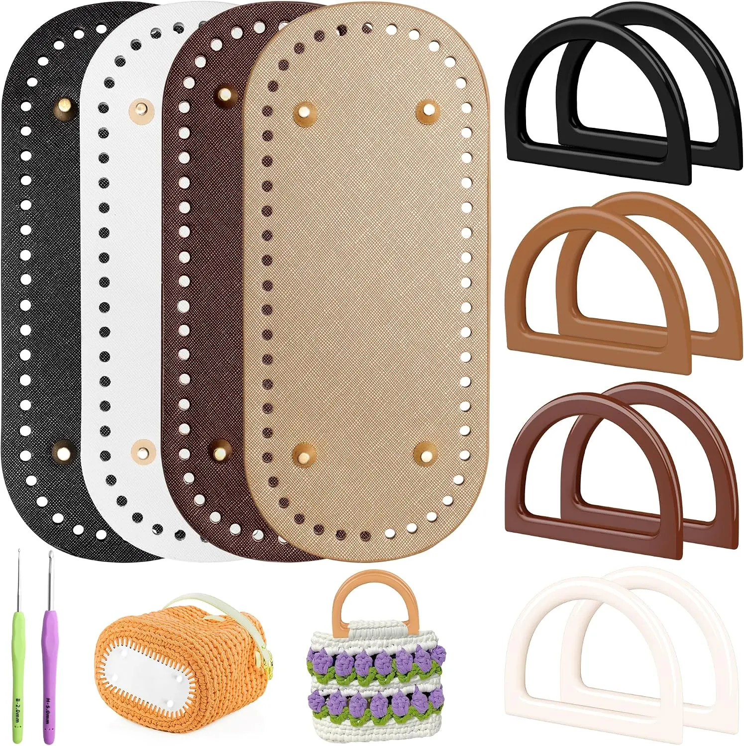 4+8 PCS Bag Bases for Crochet with Purse Handles, 2 PCS Crochet Hook | D Shape Purse Handles, 2 PCS Crochet Hooks, Leather Purse Bottoms, For Bag Making & DIY