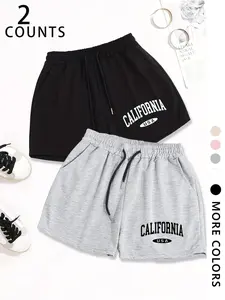 Women's Summer Drawstring Shorts Set Womenswear, Letter Print, Adjustable Waistband, Multiple Pockets, Casual Fitted Pants Bottom for Outdoor Activities