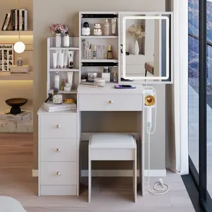 29.2" Small Size Left Bedside Cabinet Vanity Table + Cushioned Stool, 2 AC+2 USB Power Station, Hair dryer bracket, Extra Large Touch Control Sliding LED Mirror, Tri-color Switching, Brightness Adjust vanity makeup desk vanity with mirror vanity desk