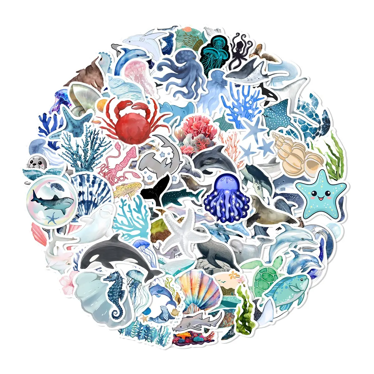 100Pcs Ocean Creatures Watercolor Stickers Pack, Sticker Sheets, Waterproof Underwater Nature Vinyl Decals for Laptop Water Bottle Journal Scrapbook, Fresh Gifts for Marine Life & Nature Lovers, Craft Kits, Sticker Packs