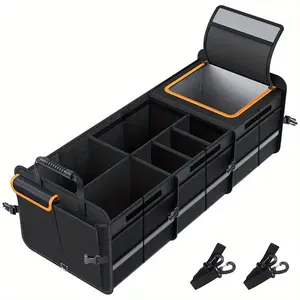 Large Capacity Car Trunk Organizer, Black Oxford Cloth Collapsible Cargo Storage Box with Insulated Cooler Bag, 2mm PE Board Sturdy Frame, Adjustable Lid, Carry Handle & Compartments for SUV, Truck, Travel, Groceries, Camping Gear