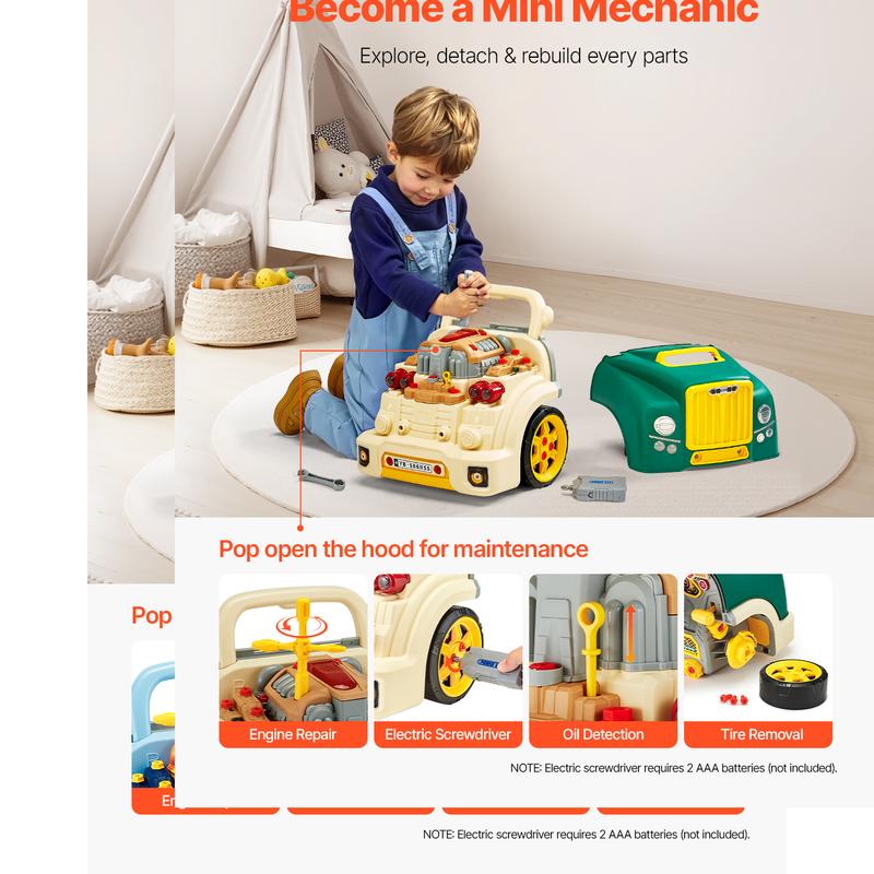 VEVOR Engine Toy, TikTokShopBlackFriday, 60 Pieces, Kids Mechanic Car Repair Set with Removable Parts, Lights and Sounds, Steering Wheel and Horn, Kids Mechanic Workshop Set for Toddler Ages 3 Years and Up, Green