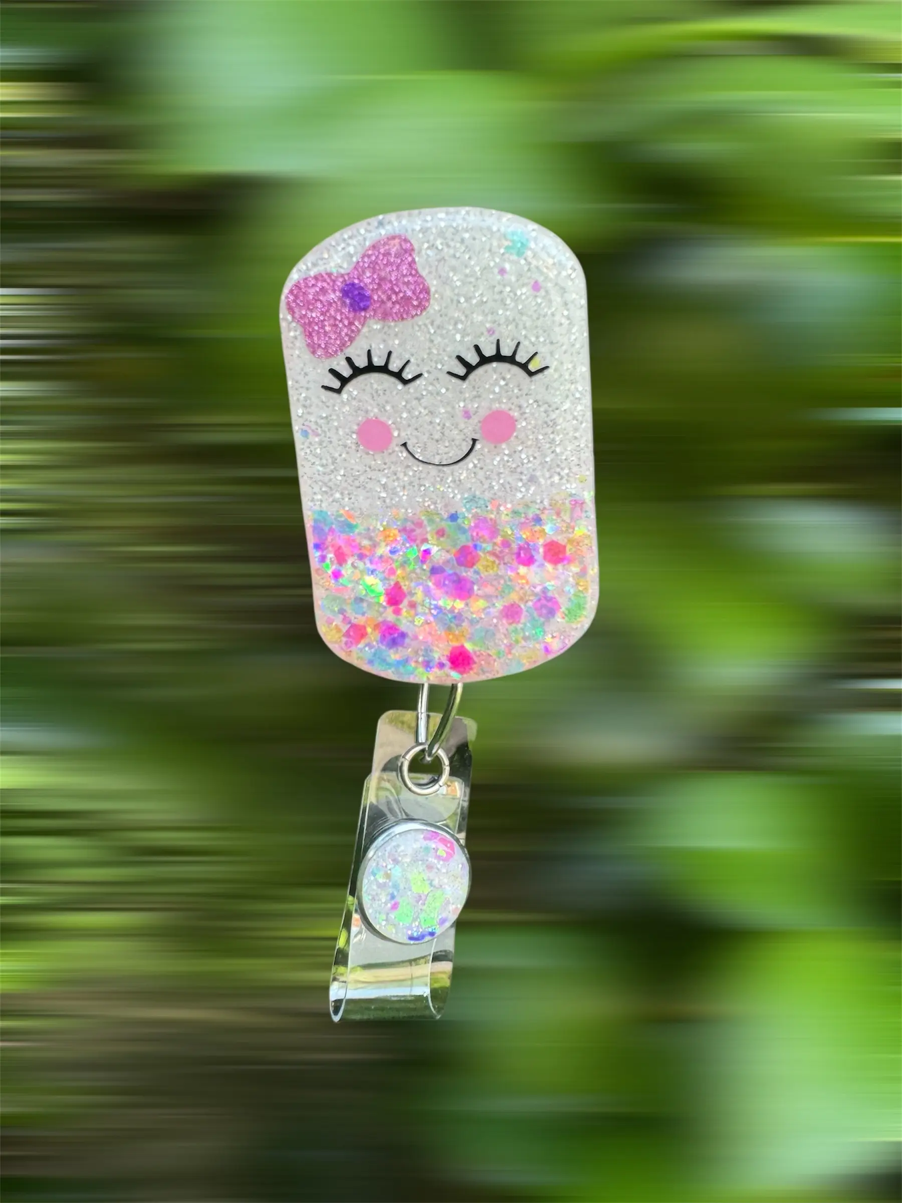 White Happy Pill Badge Reel 2" Diameter Retractable Swivel Alligator Clip for Pharmacy Workers Fun & Professional Design