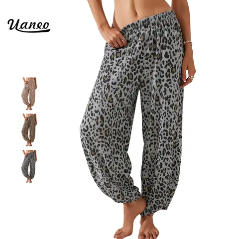 UANEO Women's Leopard Print Wide Leg Harem Pants, High Waisted Elastic Waist Baggy Lounge Pants with Pockets, Casual Relaxed Fit Trousers for Summer Vacation & Everyday Wear