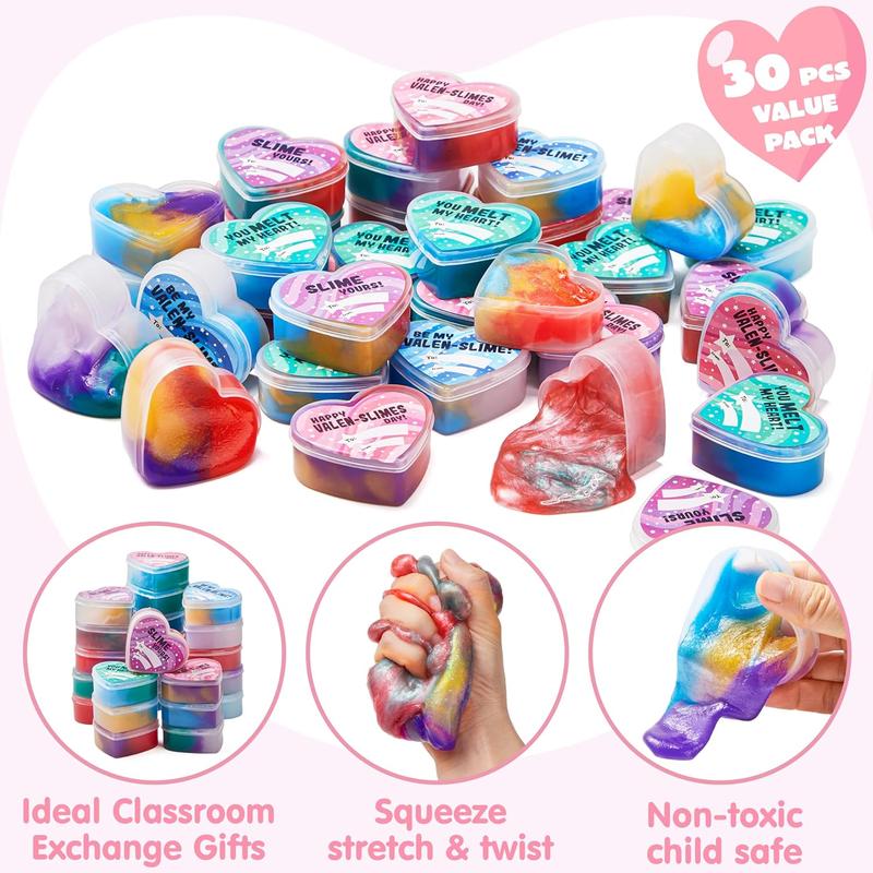 30Pcs Cosmic Realm Slime Hearts / Balls with Kids Valentines Cards for Classroom Exchange 2025 Valentine Exchange Cards &30Pcs Galaxy Slime Valentine's Day Gifts for Kids