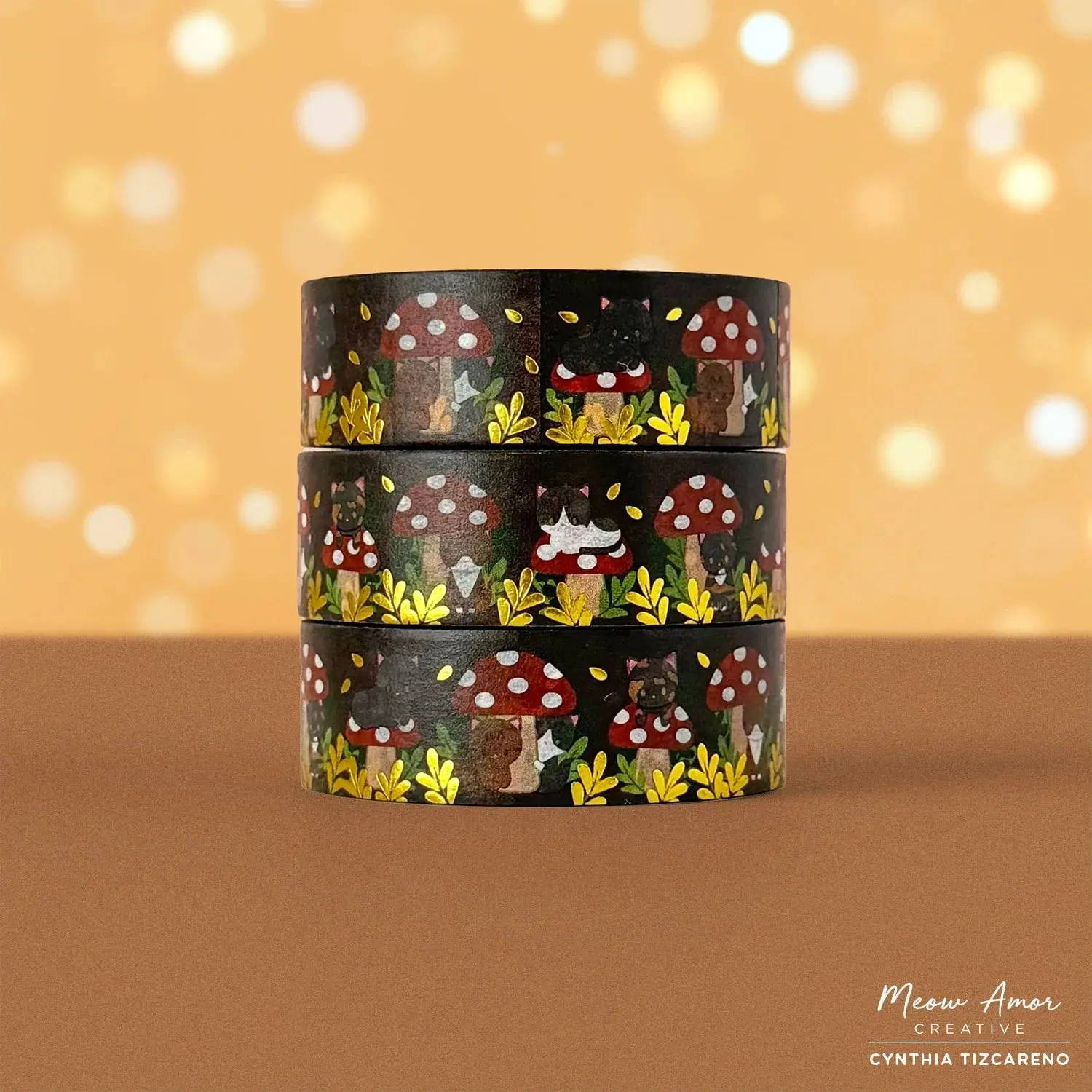 Mushroom Cats Gold Foil Washi Tape