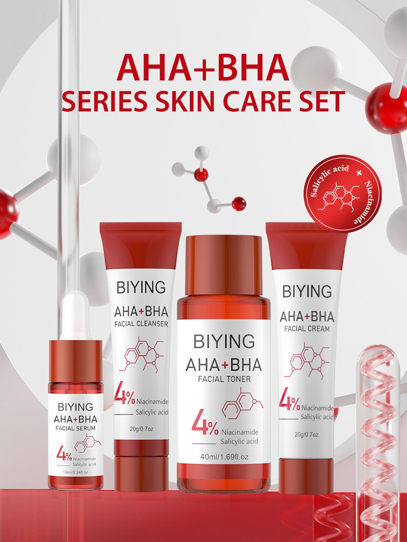 4-Piece AHA BHA Travel Skincare Set | Gentle Exfoliating Routine - Cleanser, Toner, Serum & Moisturizer For Women & Teens, Korean Hydrating Daily Facial Care Gift Set Moisturizing