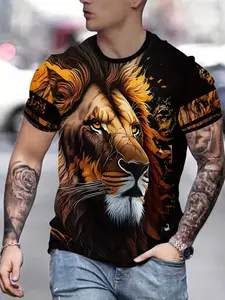 Men's Flame Lion King Print Short Sleeve T-Shirt, Summer Casual Streetwear Breathable Round Neck Tee, Fitted All over Print Top, Casual Summer Tees