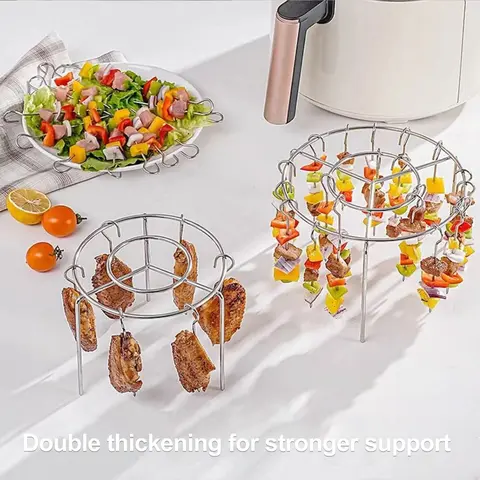 Stainless Steel 2-Count Circular Air Fryer Skewer Rack - Vertical Grid, 360° Rotational Baking, No-Flipping Design, Barbecue Utensils for Household Kitchen Grilling, Family Gatherings, Rotating Grill Barbecue Skewers