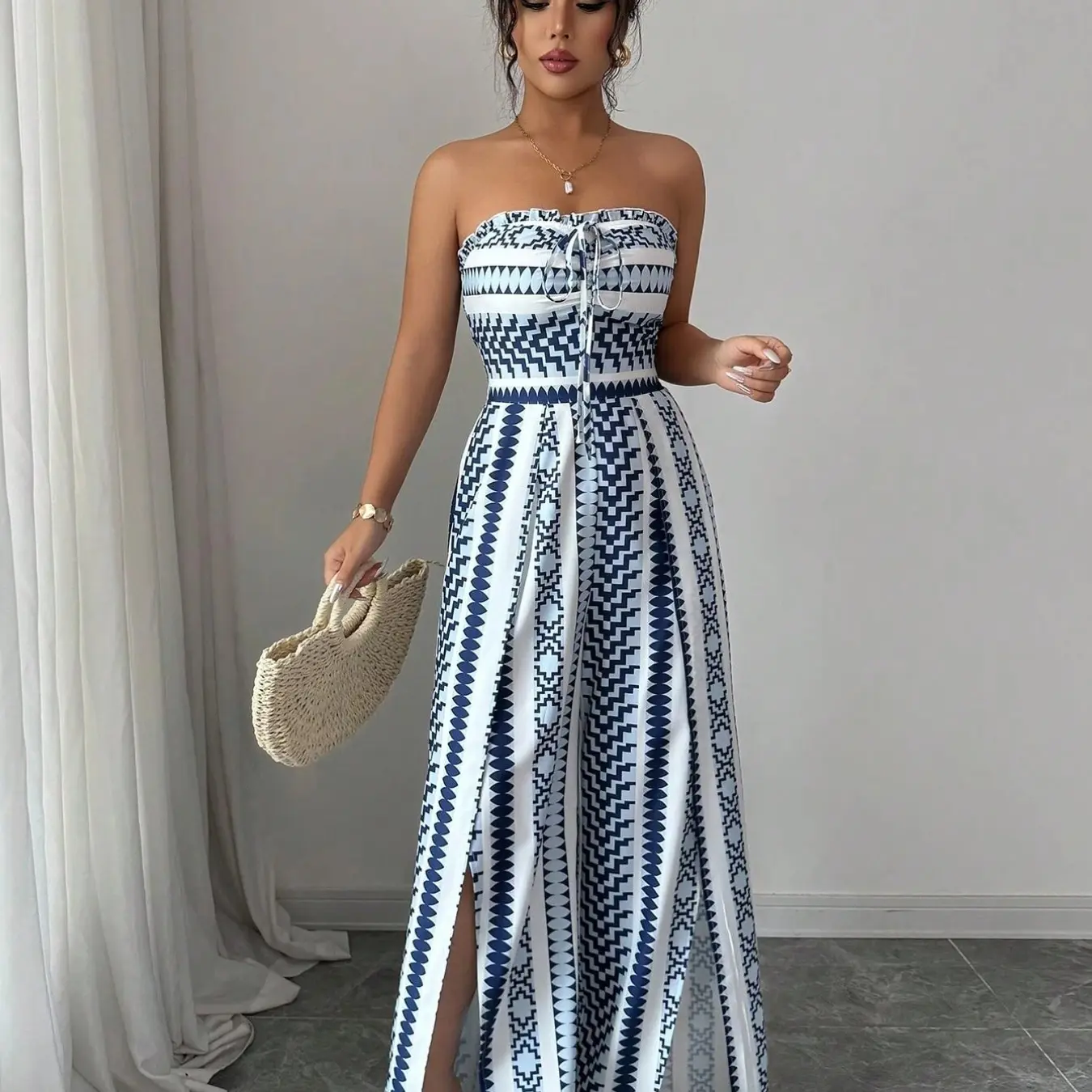 Breathable Flowy Wide Leg Geometric Printed Jumpsuit, Sleeveless Boho Style, Fit, High Waist, Leaf Print, Split Thigh Slit, Perfect for Beach, Work, Date Night Breathable Flowy Wide Leg Geometric Printed Jumpsuit, Sleeveless Boho Style, Fit, High Waist, Leaf Print, Split Thigh Slit, Perfect for Beach, Work, Date Night