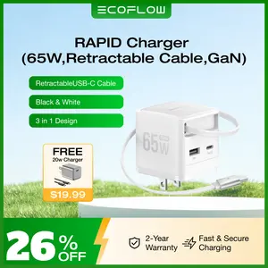 EF ECOFLOW 65W USB C Charger with Retractable Cable, 3-in-1 Phone Charger with Type C Cable, 2-Port Fast Charger Compatible with iPhone 16 Pro Max, iPad Pro/Air, Galaxy S25, Steam Deck (White) Electronic Cellphone iphone charger