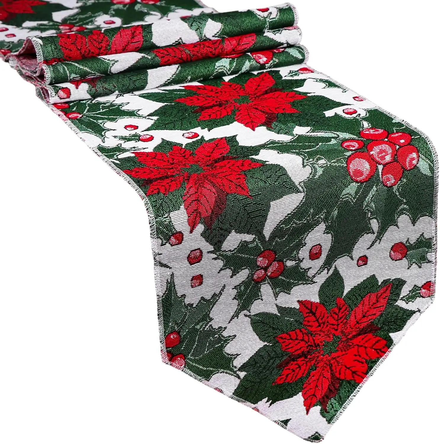 Christmas Table Runner, Flower Table Runner 72 Inches Long Poinsettia Table Runner for Christmas Dining Table Decorations
