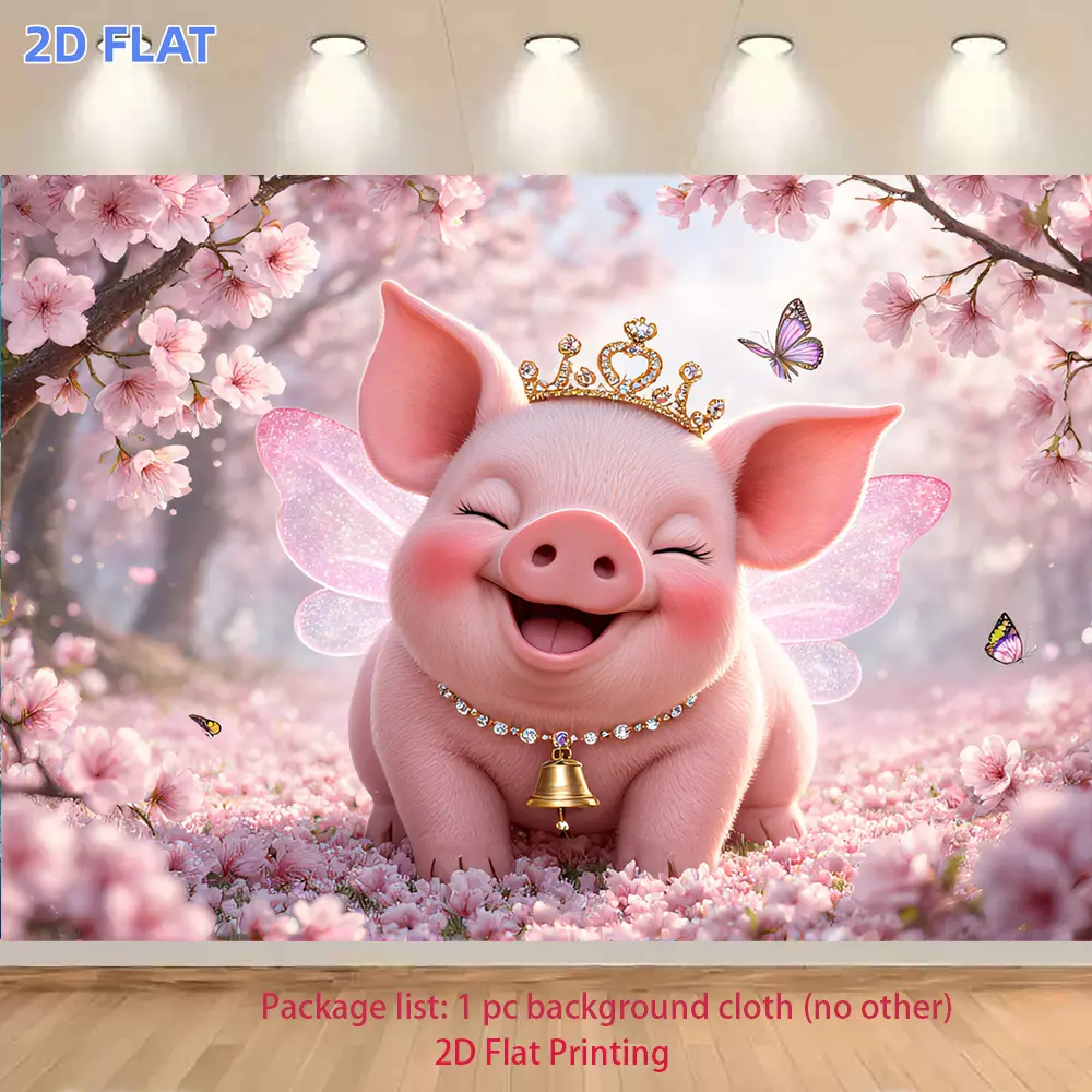 1pc 2D Flat Banner, The Playful Pink Pig in a Cherry Blossom Paradise, Printed Banner Backdrop Fabric, Home Decor Banner, Party Decoration Banner, Ideal for Photography Backgrounds for Parties, High Definition Photography Background
