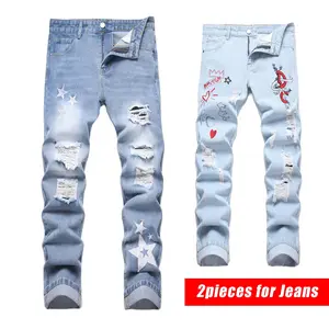 New Arrival! 2 - Piece Men's Light Blue Distressed Ripped Jeans Set with Star & Cartoon Embroidery | Trendy Streetwear Denim Pants for Fashion